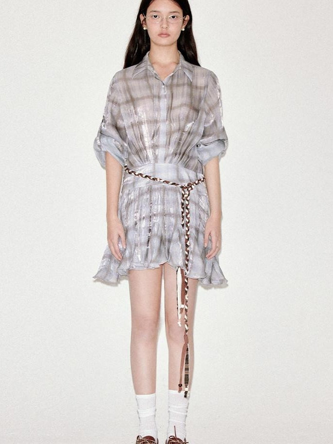 fano Plaid Korean Workwear A Line Natural Waist Mid Sleeve Khaki Midi Dresses