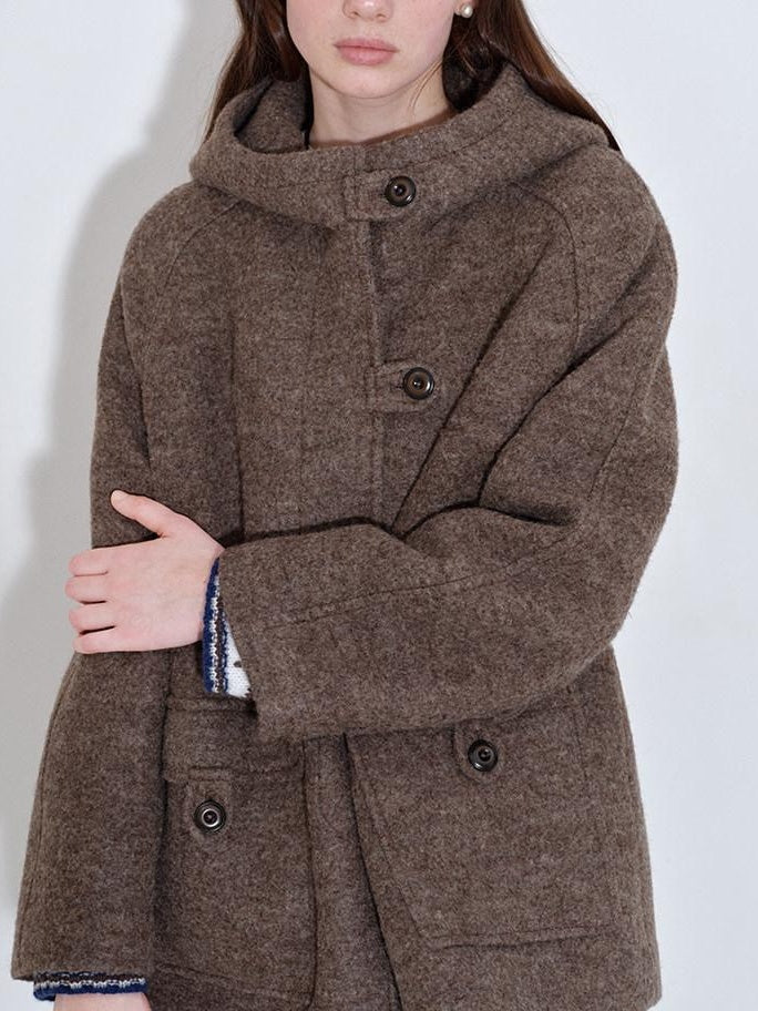 fano 75 Wool 25 Polyester Hooded Loose Fit Korean Commuter Brown Wool Coats