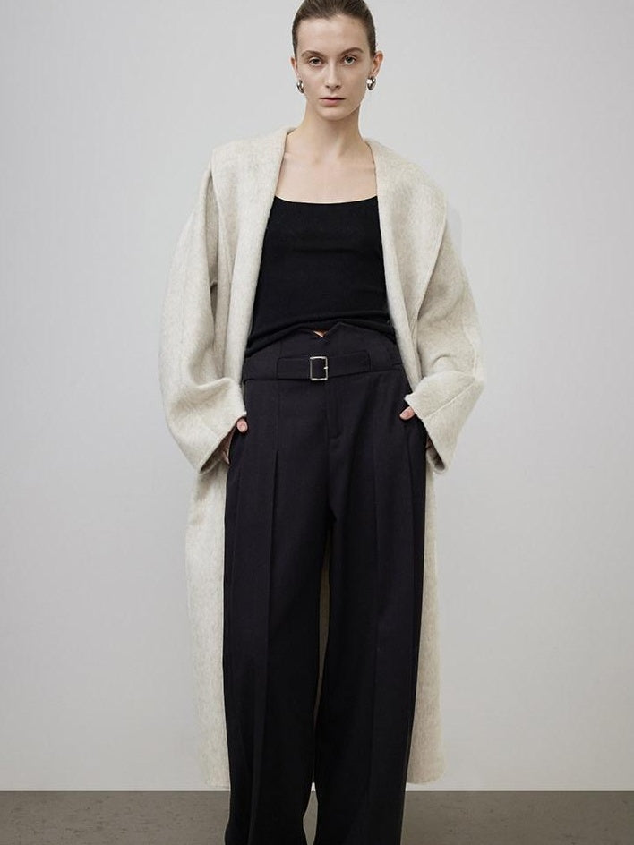 unspoken Warm Wool Rabbit Silk Blend Tie Waist Straight Cut Minimal Commuter Long Coats