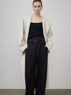 unspoken Warm Wool Rabbit Silk Blend Tie Waist Straight Cut Minimal Commuter Long Coats