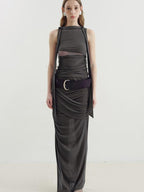 someone sometimes Versatile Pleated Tie Cami Slim Fit Lyocell Linen Blend Women Top & Skirt Sets