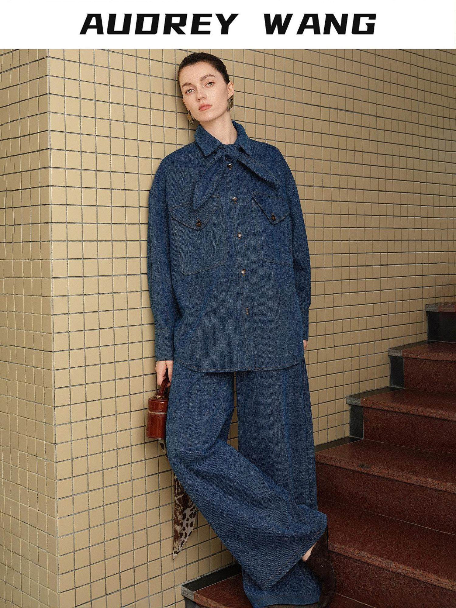 audreyyang Vintage Bow Loose Fit Cotton Lapel Patch Pocket Casual Women Denim Jackets