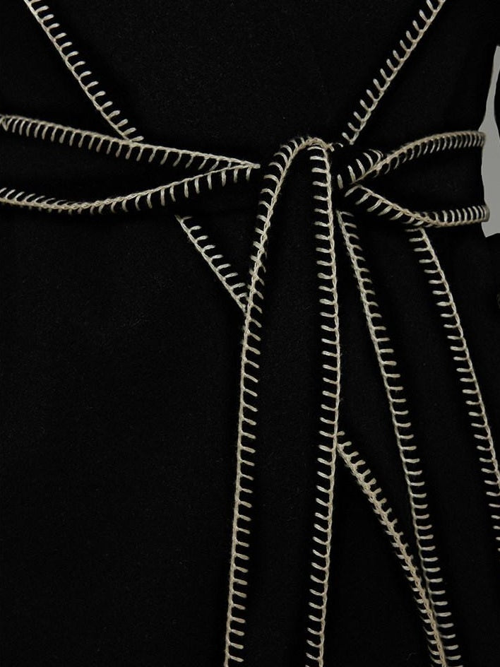 unspoken Cozy Minimalist Commuter Loose Hooded Midlength Women Black Tie Wool Coats