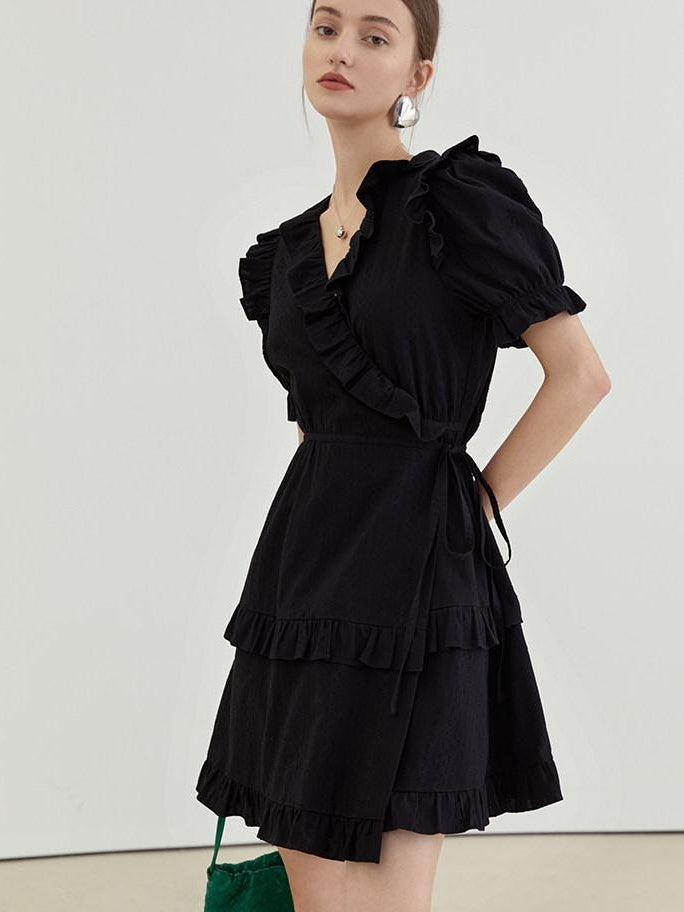 fano High Waist Tie A Line Cotton V-neck Puff Sleeves Casual Work Women Midi Dresses