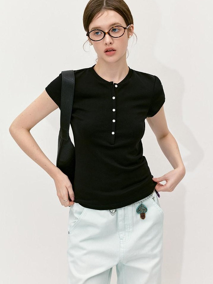 fano Black Slim Fit Half Collar Button Commuter Women Lyocell Short Sleeve T-Shirts