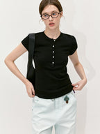 fano Black Slim Fit Half Collar Button Commuter Women Lyocell Short Sleeve T-Shirts