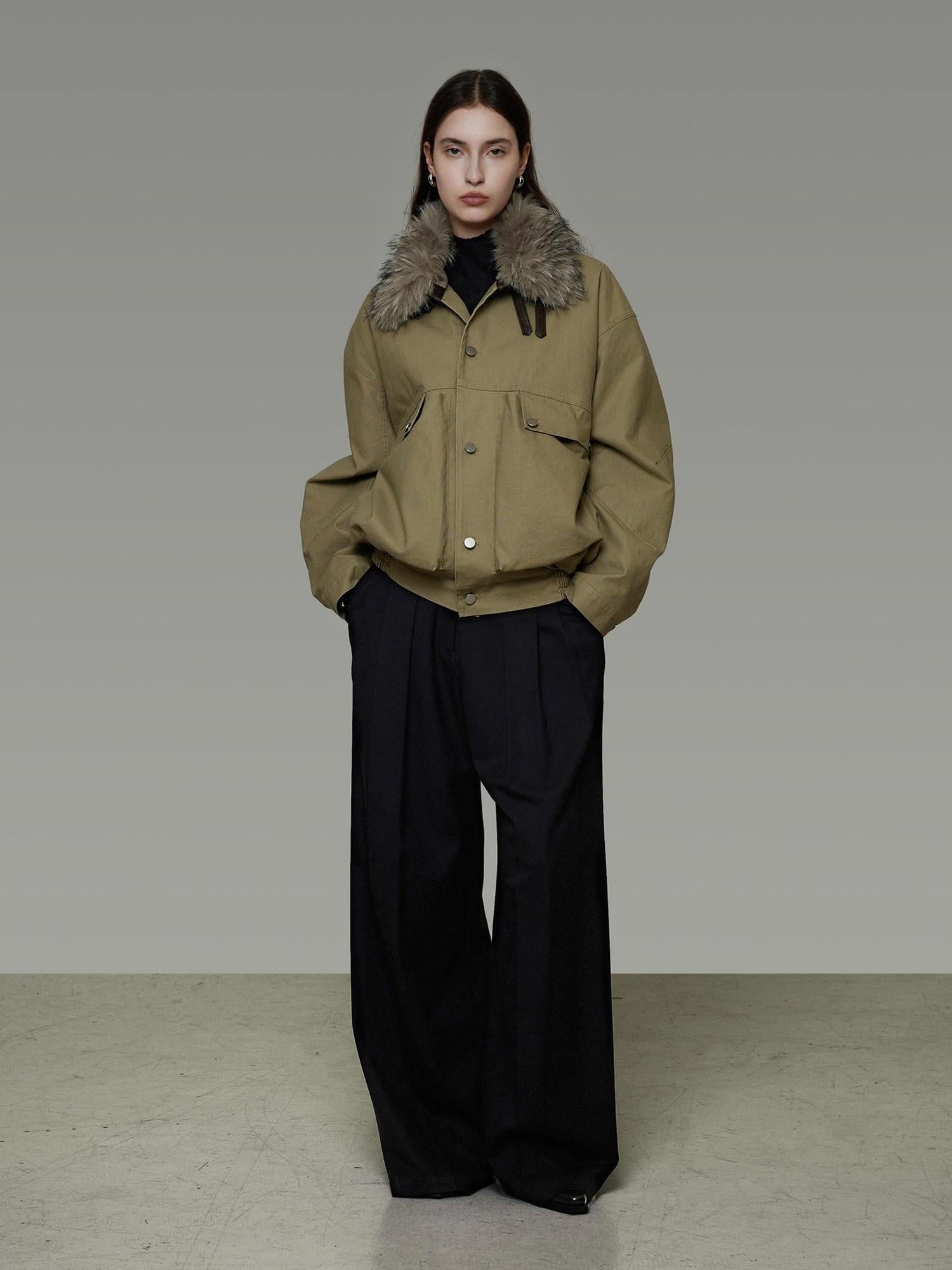 unspoken Thick Fleece Lined Fur Collar Loose Minimal Commuter Women Sage Puffer Jackets