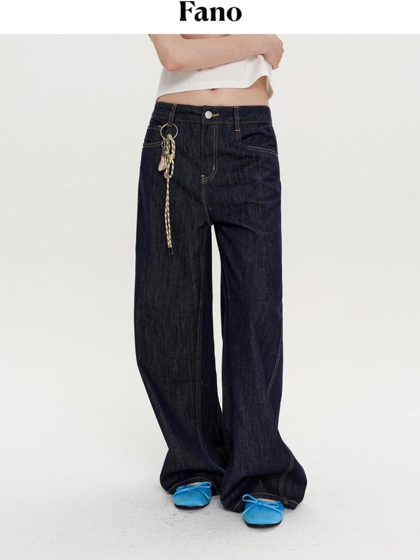 fano Micro Stretch Cotton Relaxed Natural Waist Pear Fit Dark Denim Wide Leg Jeans