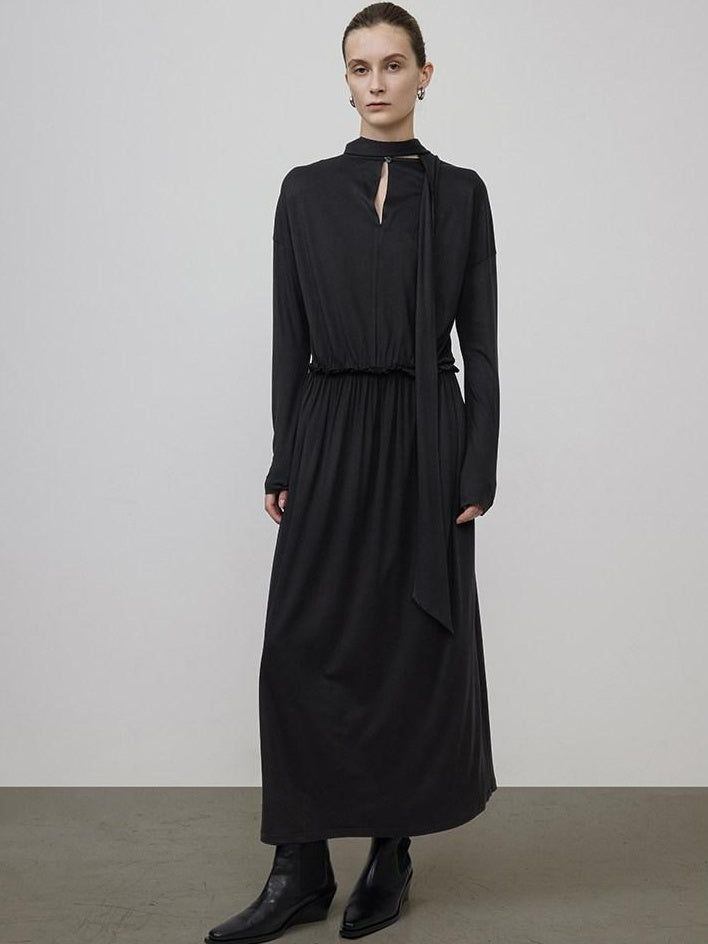 unspoken Minimal Office Pleated Round Neck Elastic Waist Long Sleeve Black Maxi Dresses