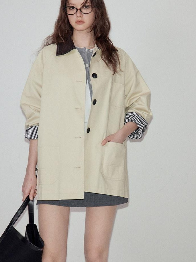 fano Cotton Lined Single Breasted Korean Commuter Short Women Beige Trench Coats