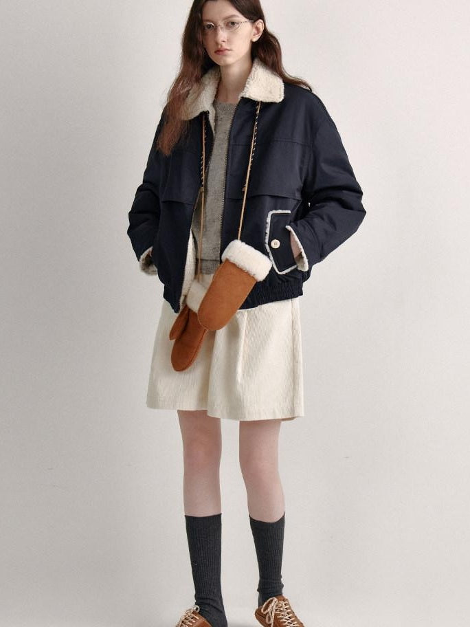 fano Patchwork Cozy Relaxed Loose Fit Commuter Navy Zipper Long Sleeve Puffer Jackets