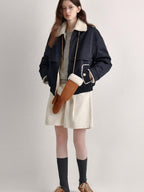fano Patchwork Cozy Relaxed Loose Fit Commuter Navy Zipper Long Sleeve Puffer Jackets