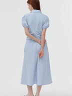 fano 100% Cotton Puff Sleeve A Line Natural Waist Solid Blue Zipper Maxi Dresses