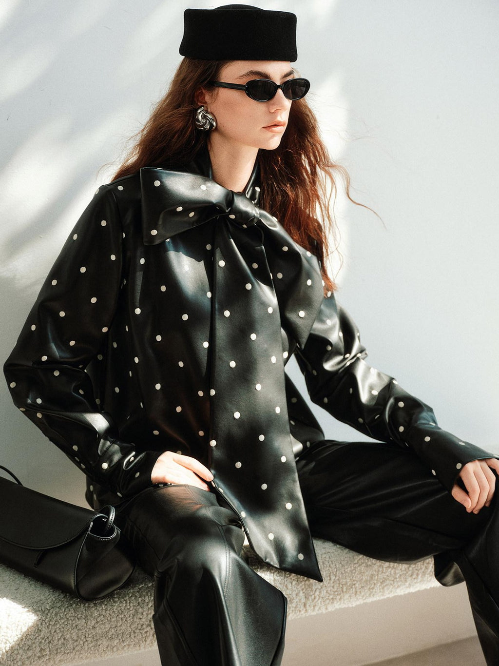 audreyyang Waterproof Pu Leather Vintage Loose Bow Tie Neck Polka Dot Blouses