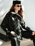 audreyyang Waterproof Pu Leather Vintage Loose Bow Tie Neck Polka Dot Blouses
