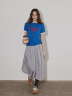 Lofi choose Relaxed Knit Button Round Neck Midlength Letter Print Blue Short Sleeve T-Shirts