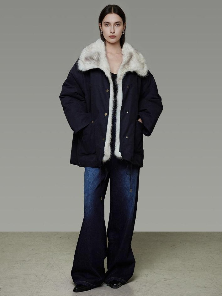 unspoken Fur Lined Thick Minimal Commuter Loose 3D Tailored Cotton Navy Puffer Jackets