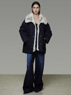unspoken Fur Lined Thick Minimal Commuter Loose 3D Tailored Cotton Navy Puffer Jackets