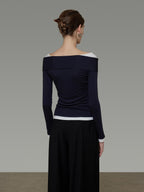 unspoken Slim Colorblock One Shoulder V-neck Casual Knitted Pullover Women Blouses