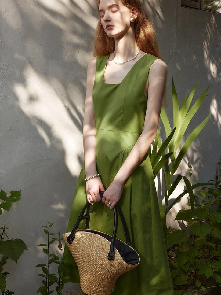 fano Cotton High Waist Pleated Minimal A Line Square Neck Women Maxi Dresses