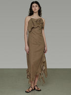 unspoken Cotton High Waist Irregular Hem Minimal Work Strappy Brown Maxi Dresses