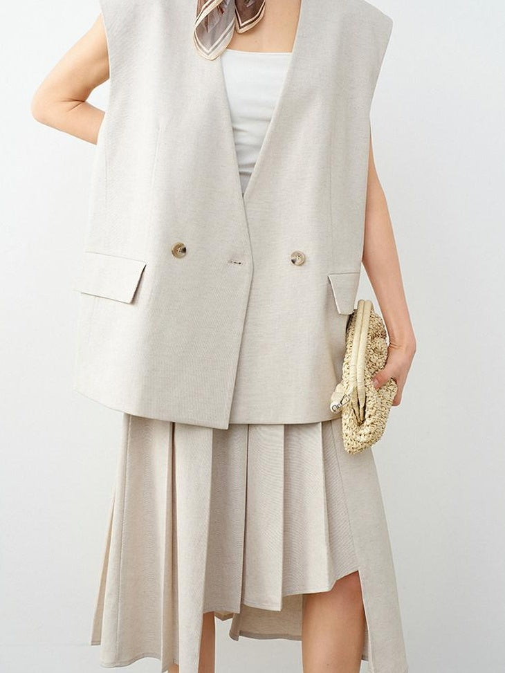 audreyyang Soft Polyester Cotton Blend U Neck Single Button Office Chic Women Vests