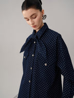 audreyyang Bow Detail Loose Fit Casual Women Daily Polka Dot Cotton Denim Jackets