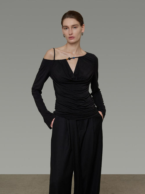 unspoken Breathable Viscose Blend Minimal Commuter Loose Asymmetric Shoulder Knit Sweaters