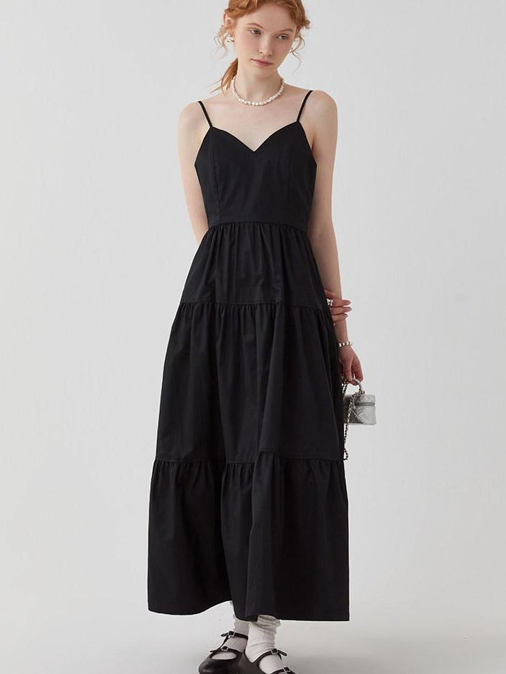 fano High Waist Pleated Minimalist V-neck Sleeveless A Line Cotton Casual Maxi Dresses