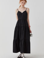 fano High Waist Pleated Minimalist V-neck Sleeveless A Line Cotton Casual Maxi Dresses