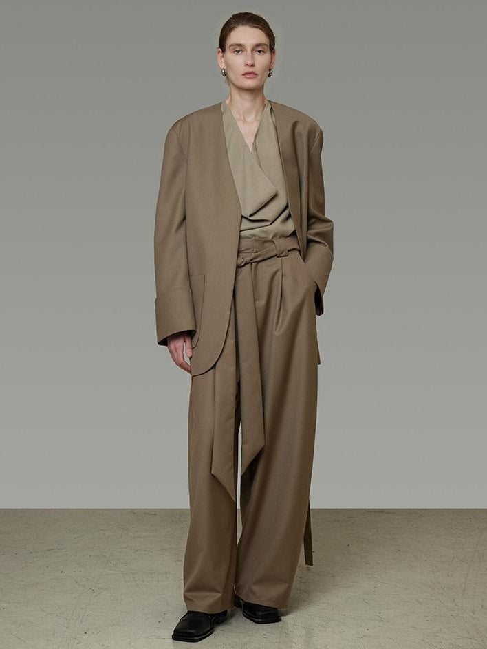 unspoken Minimal Slim Tailored Blazer High Waist Long Pants Women Brown Top & Pants Sets