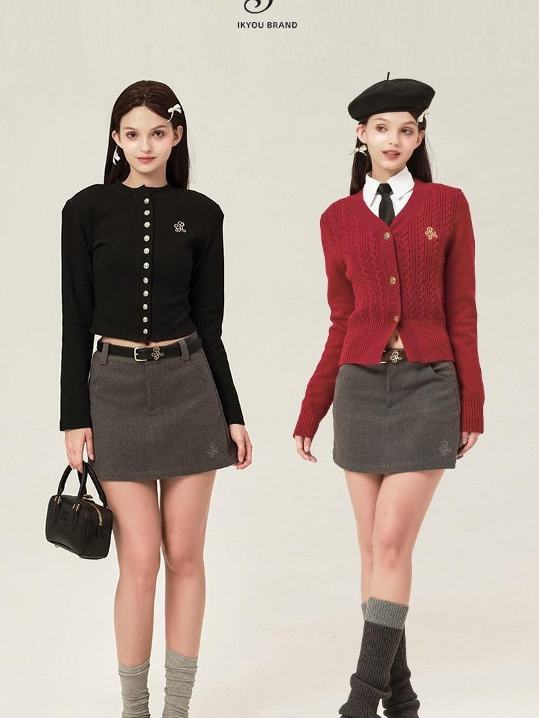 ikyou Shape Retaining Embroidered Casual A Line Low Waist Slim Black Mini Skirts
