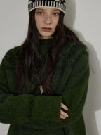 Lofi choose Thick Loose Fit Commuter Round Neck Pullover Women Knit Green Brown Sweaters