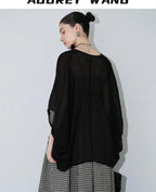 audreyyang Light Hemp Knit Relaxed Batwing V-neck Women Black Open Front Cardigans