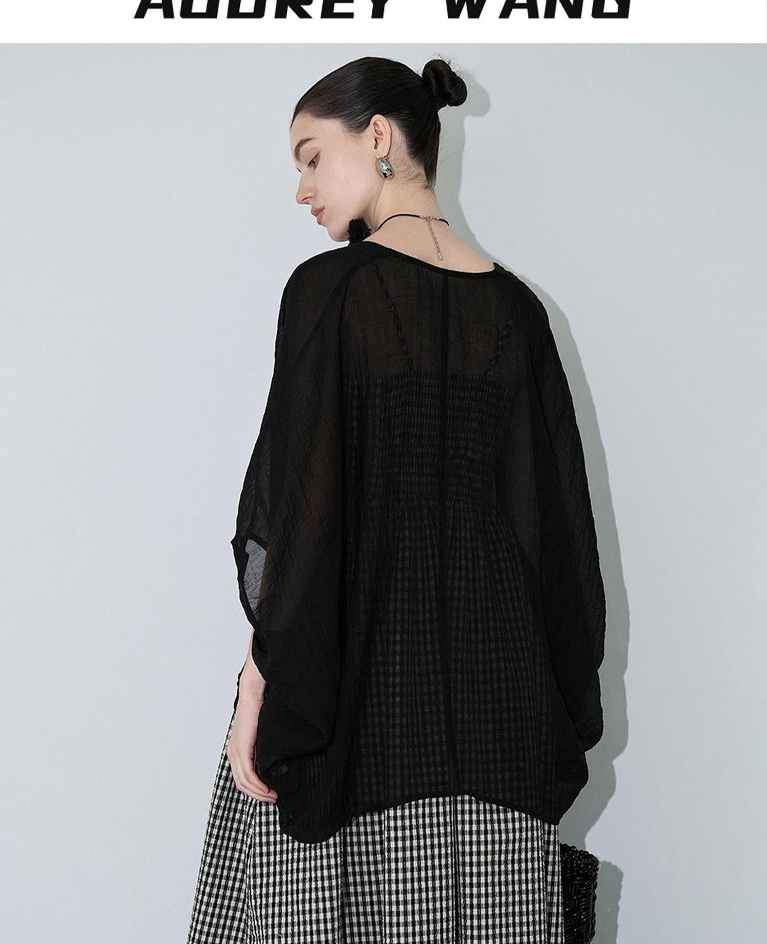 audreyyang Light Hemp Knit Relaxed Batwing V-neck Women Black Open Front Cardigans