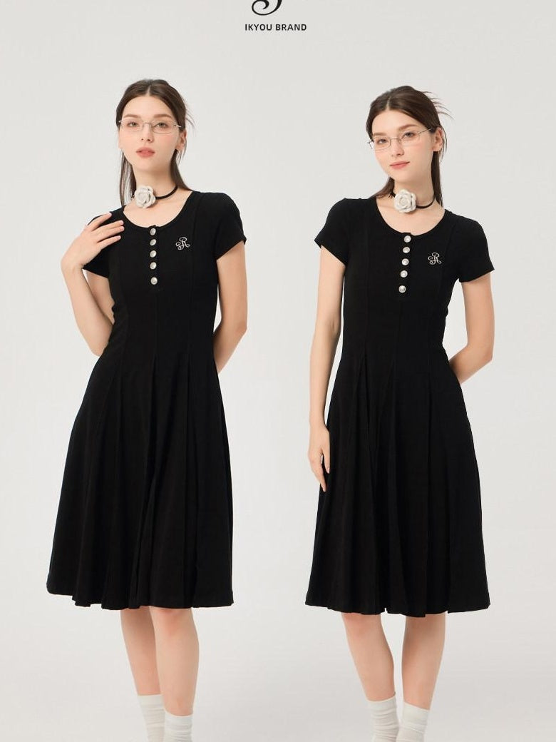 ikyou Soft Stretch Cotton Cinched Waist A Line U Neck Short Sleeve Black Maxi Dresses