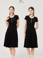 ikyou Soft Stretch Cotton Cinched Waist A Line U Neck Short Sleeve Black Maxi Dresses