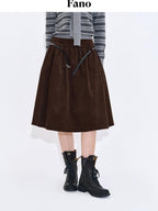 fano Lined High Waist Pleated Vintage A Line Cotton Brown Midi Skirts
