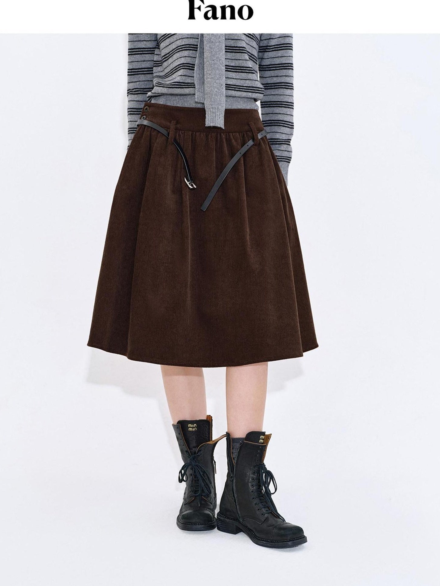 fano Lined High Waist Pleated Vintage A Line Cotton Brown Midi Skirts