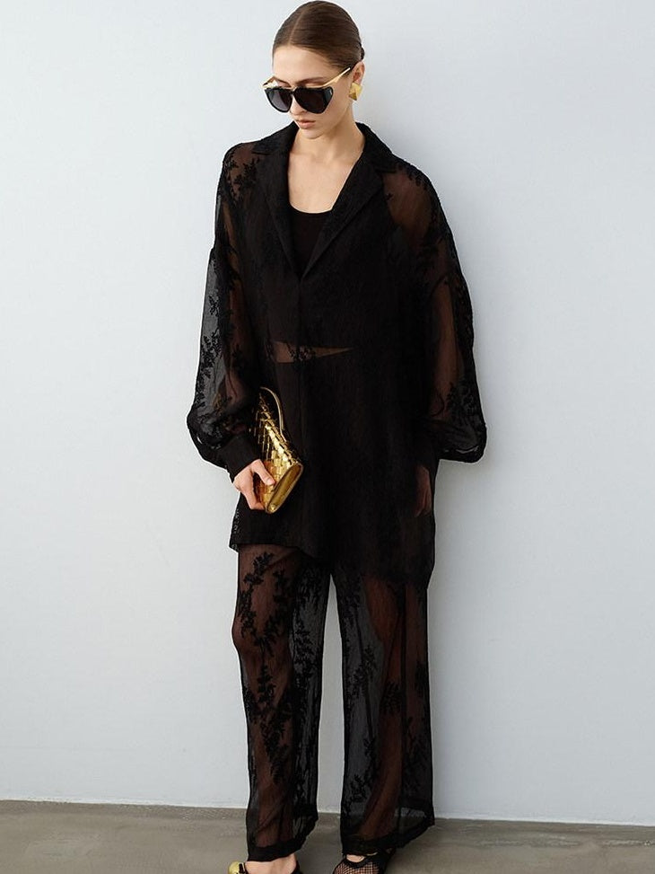 audreyyang Chic Two Piece Polyester V-neck Long Sleeve Set Women Black White Wide Leg Pants