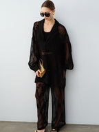 audreyyang Chic Two Piece Polyester V-neck Long Sleeve Set Women Black White Wide Leg Pants