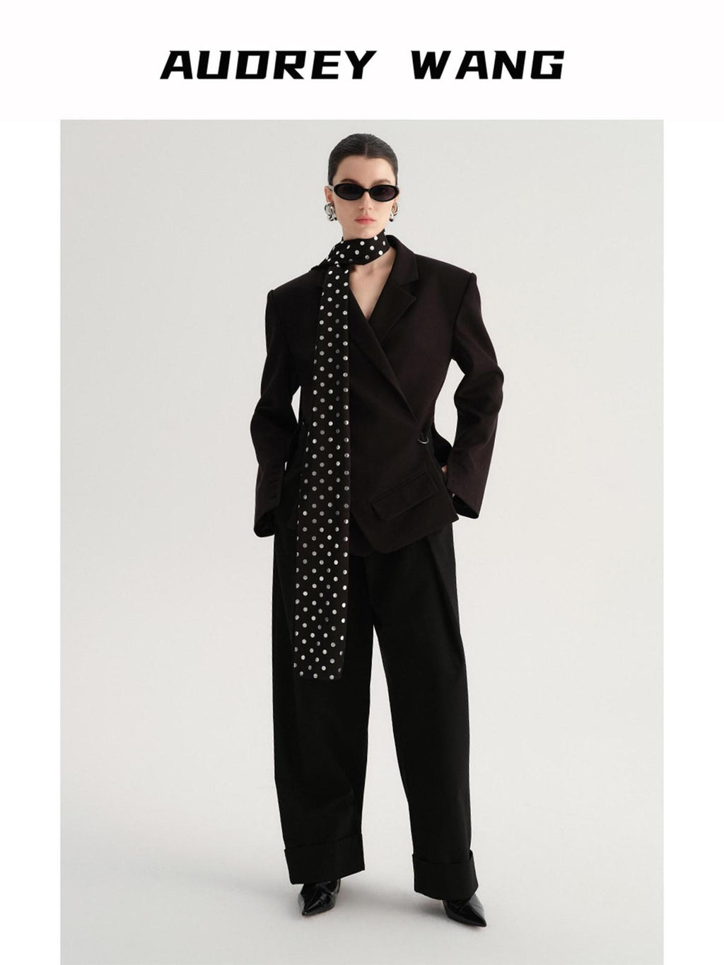 audreyyang Crossover Waist Office Relaxed Fit Women Double Breasted Black Blazers