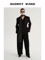 audreyyang Crossover Waist Office Relaxed Fit Women Double Breasted Black Blazers