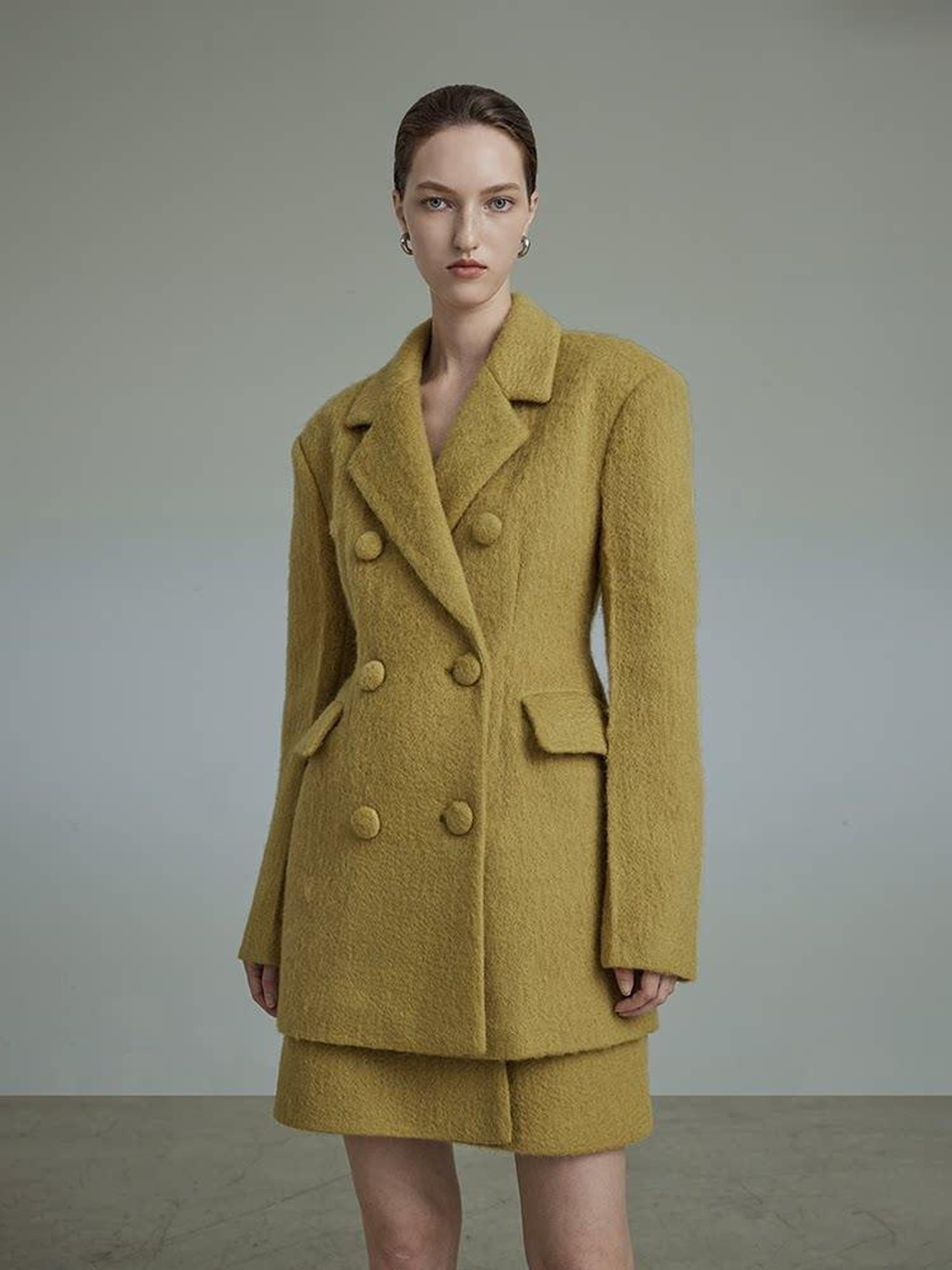 unspoken Soft Wool Double Breasted Tailored Straight Fit Mustard Yellow Blazers