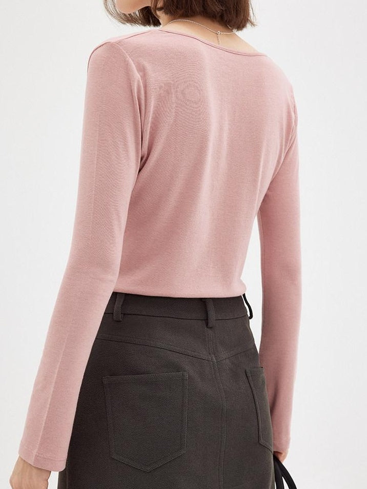 fano Soft V-neck Slim Fit Commuter Top For Women Solid Color Long Sleeve T-Shirts