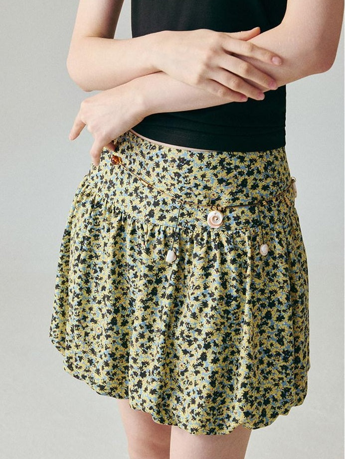 fano Lined Printed Bubble Silhouette Polyester Loose Korean Commuter Mini Skirts