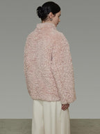 unspoken Warm Thick Stand Collar Loose Fit Rounded Hem Women Pink Solid Short Coat