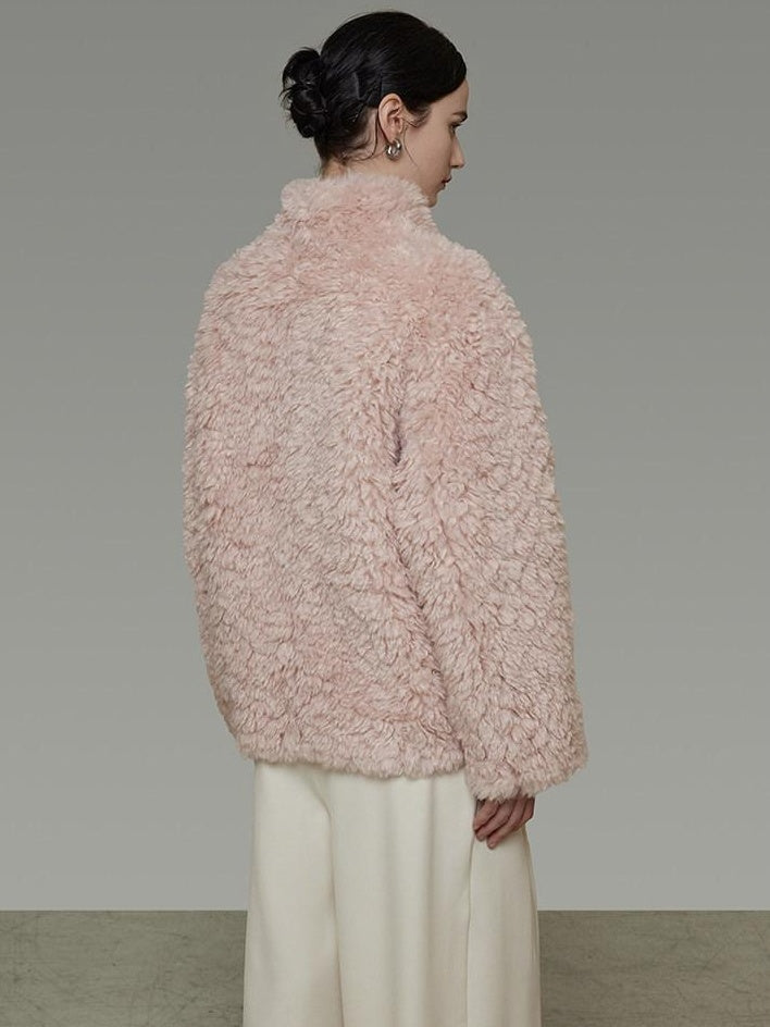 unspoken Warm Thick Stand Collar Loose Fit Rounded Hem Women Pink Solid Short Coat