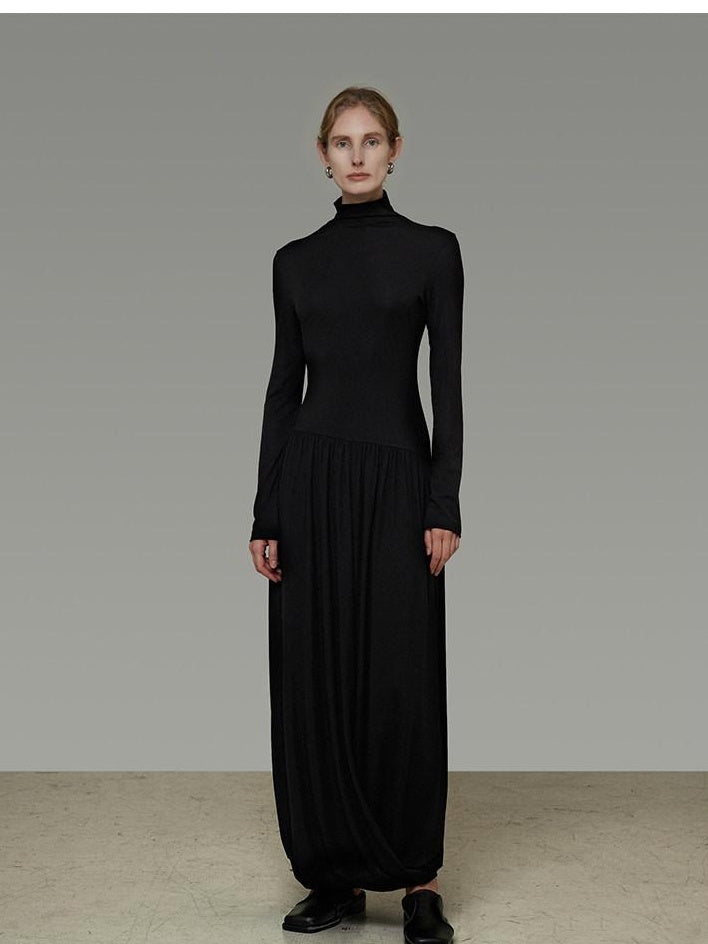 unspoken Modal Knit Turtleneck Slim Waist Long Sleeve City Workwear Black Maxi Dresses