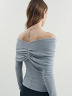 someone sometimes Soft Mist Blue Viscose Blend Slim Fit Round Neck Women Long Sleeve T-Shirts
